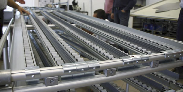 FIFO rack with roller conveyor in production